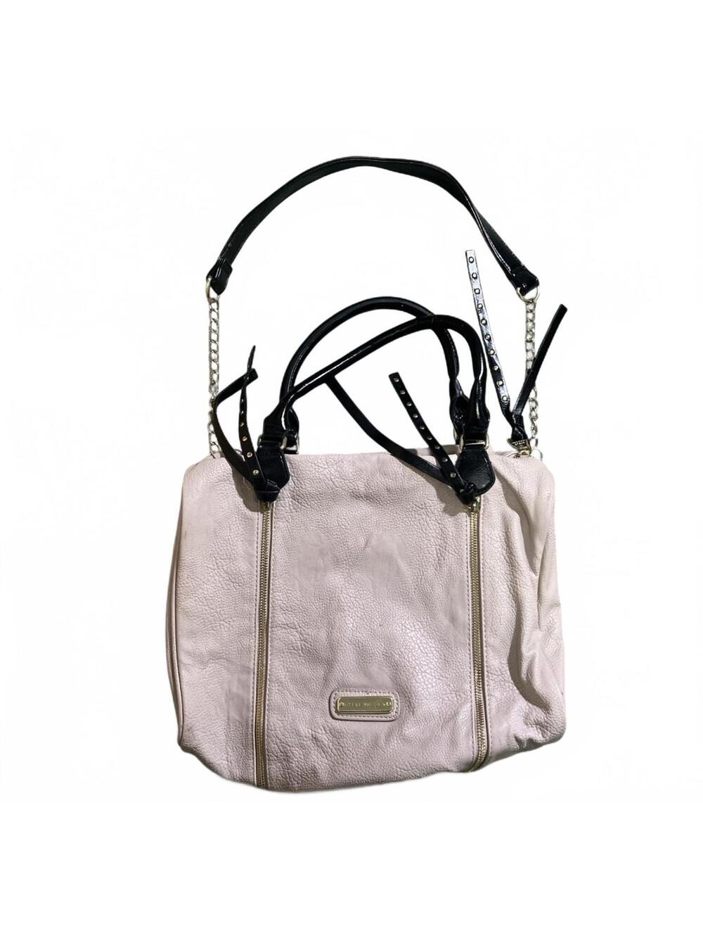 Steve Madden Beige Faux Leather Hobo Shoulder Bag with Black Straps and Gold Acc